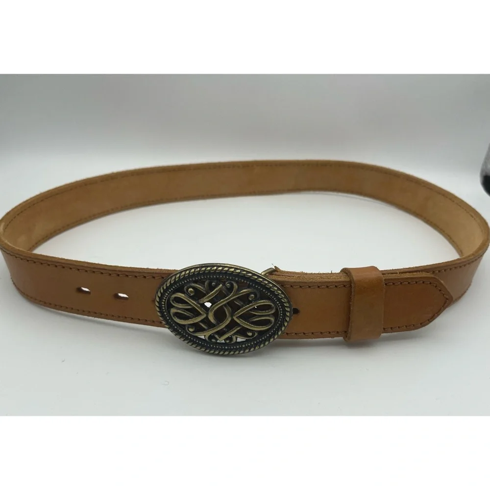 Leather Belt Brass Buckle Western Style Scroll Design Boho Tan